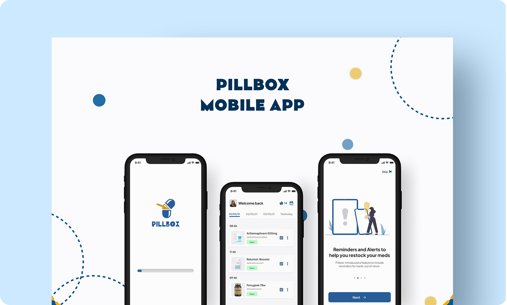 PillBox medication tracking app interface